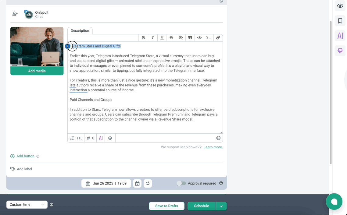 Nuevo editor de texto enriquecido para Telegram