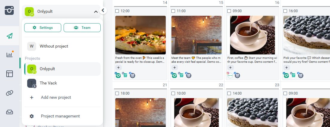 The Onlypult project switcher over an English-language content calendar