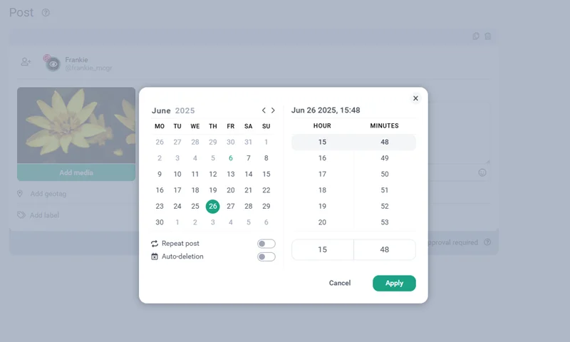 Set the exact **date and time** for publication.